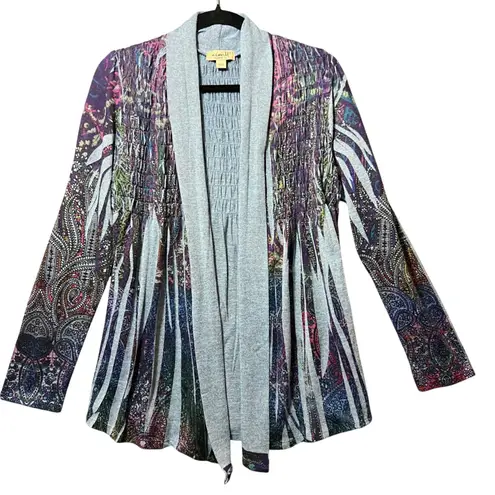 Me World Boho Open Front Cardigan Jacket L Multicolor Paisley Print Smocked Back Purple Size L