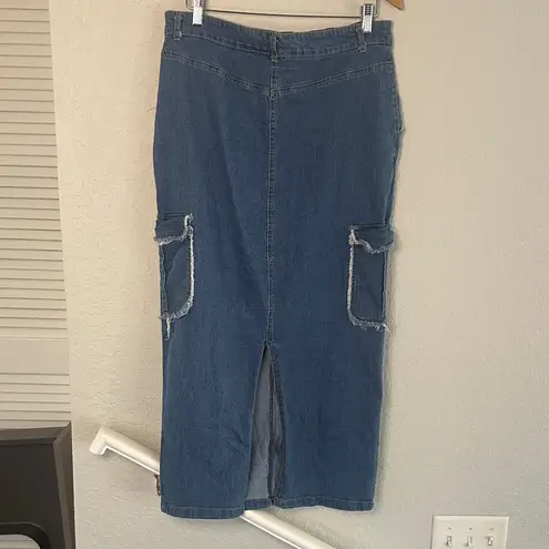 Daisy Denim Cargo Midi Skirt Pockets Slit Boho Hippie Size XL