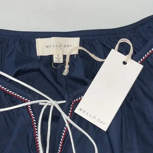 Mello Day NWT Size S Navy Blue Boho Embroidered Keyhole Tassel Tie Sheath Dress