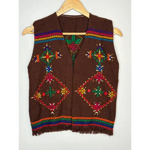 Vintage Hand Embroidered Brown Knit Vest Folk Art Bohemian Festival Fringe Small