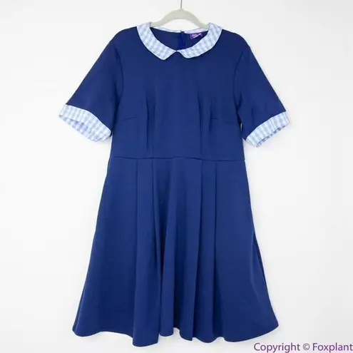 Unique Vintage Gwynnie Bee Gingham Collar Navy Fit-And-Flare Dress, 3X