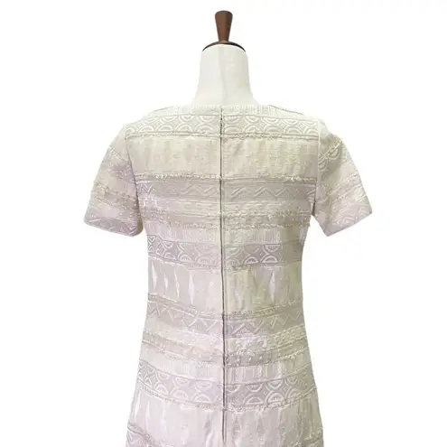 Vintage Cream Brocade Sheath Dress 60s Mod Texture Short Sleeve Shift Size Small White