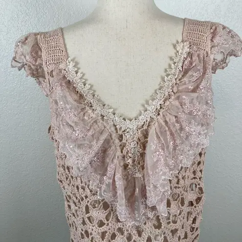 Baby pink BoHo fairycore coquette crochet floral lace tank sweater women’s L Size L