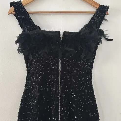 Off Shoulder Sequin Feather Mini Dress Flaxmaker NWOT Black Size M