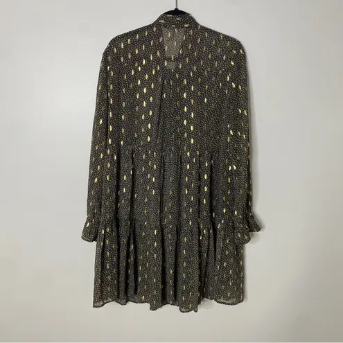 Elan Black Gold Metallic Feather Tie Neck Bow Button-up Bell Sleeve Dress Large