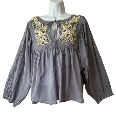 All Saints Spitalfields Dana Embellished Gray Tie Long Sleeve Blouse Top 10/12 Size M