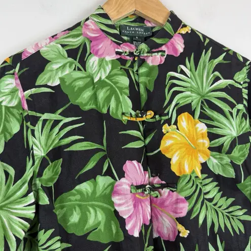 Ralph Lauren LRL Linen Tunic Top S Green Floral Printed Mandarin Collar Retro