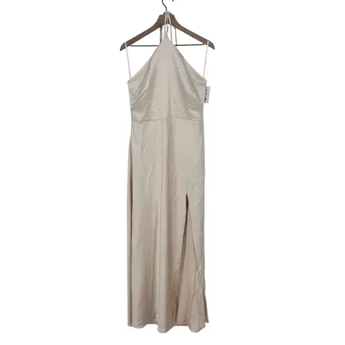 Lovely new beige satin halter bias cut asymmetric flowy maxi dress size L Tan Size L