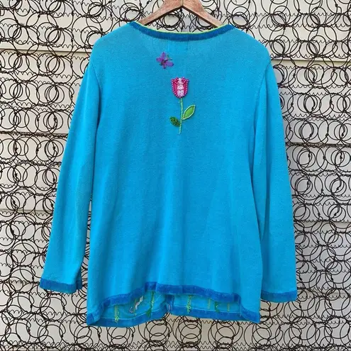 Quacker Factory  blue cardigan spring flowers embroidered embellished MEDIUM