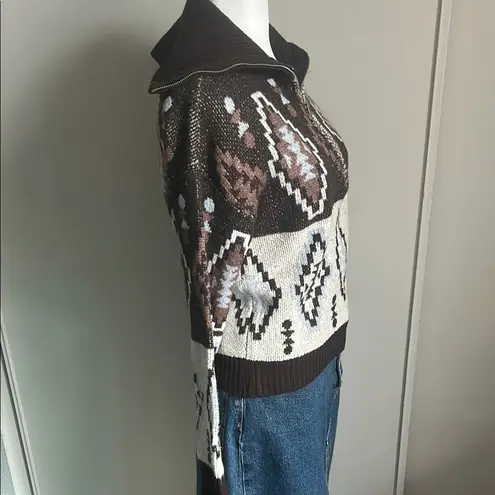 By Design Miranda Quarter Zip Southwestern Print Wide Ribbed Collar Sweater Brown