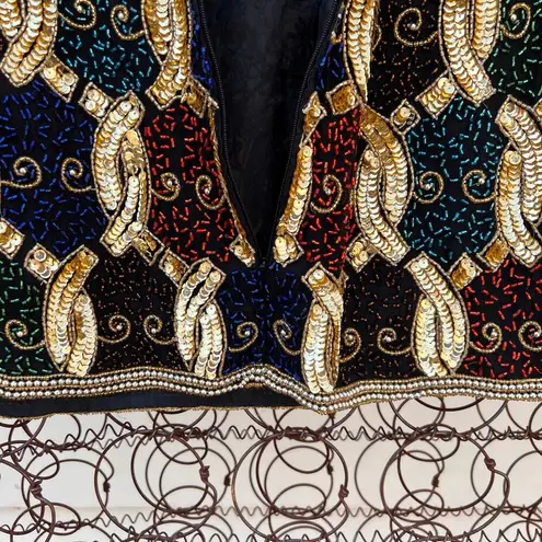 Laurence Kazar Vintage art deco bead sequin silk blouse gold chain pattern