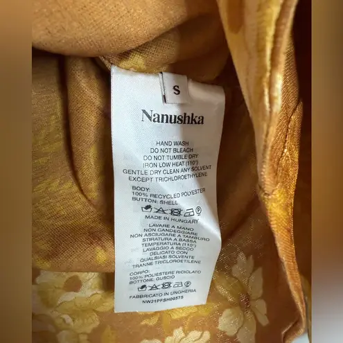 Nanushka, Felda, mustard yellow, floral button down shirt, rouched sides, S Yellow