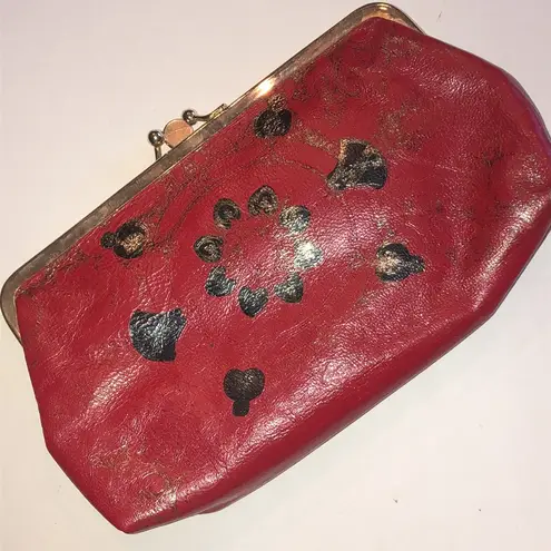 Vintage Leather Gold Tone Embossed Red Gilt Kiss Lock Clutch Purse