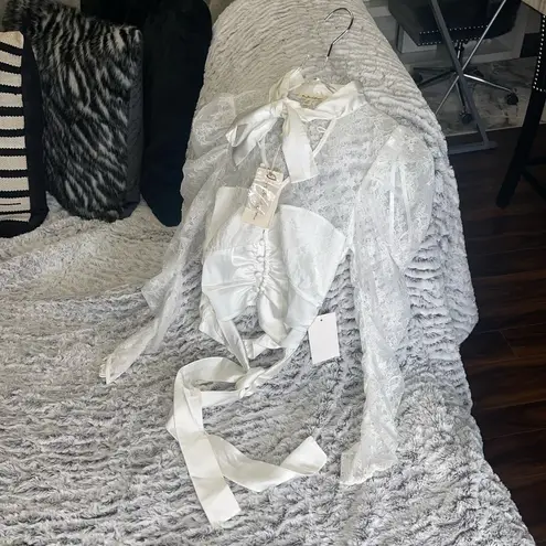 For Love & Lemons  White Farrah Button Up Lace Blouse w/ P ussy Bow + Waist Tie