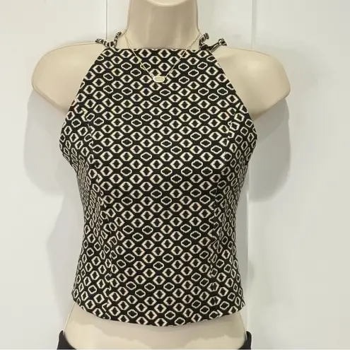 Nicholas Crop Halter Top Size 0 Lace Up Black Geometric Print Chic Party Minimal