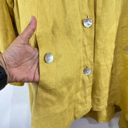 Jones & Co 100% Linen Jacket L Yellow Hooded Button Front High Low Hem Roll Tab Gold Size L
