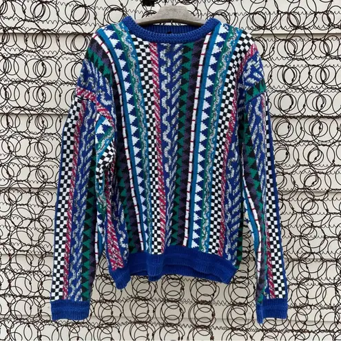 Vintage Cattivo primary color abstract geometric stripe knit sweater XL Blue