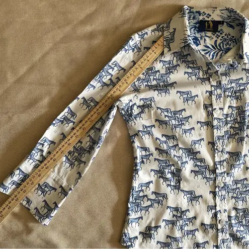 Rönner Horse Print Blouse Sz 8 Equestrian Button Down Shirt Horse Lover Barn Blue