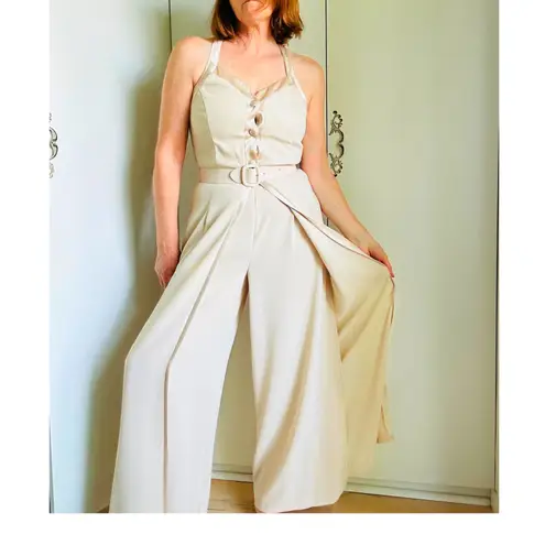 Vintage 90s Beige Nude Formal Jumpsuit Size 6 | Elegant Cocktail Evening