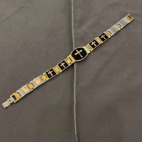 Mens Stainless Steel Cross Fold Over Clasp Bracelet Black Silver Gold