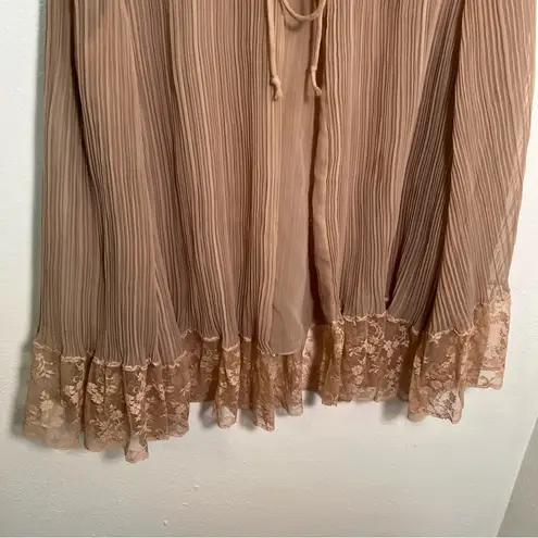 Long Sleeve Pleated Plisse Blouse Tan Brown Lace Hem Size L