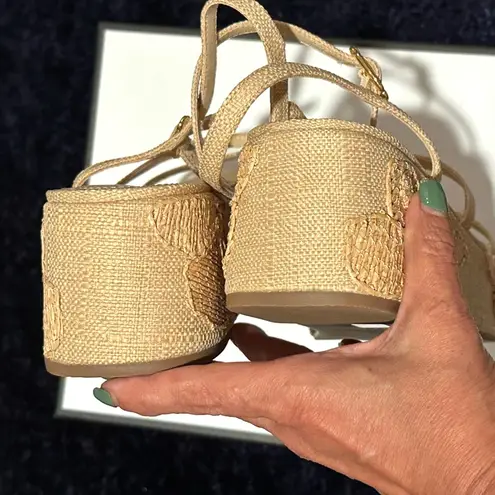 Larroude Gio flatform embroidered Sandals size 6.5 new w original box, dust bags Tan