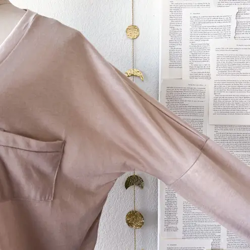 ANGL Taupe Henley Half Button Up Scoop Neck Long Sleeve Top