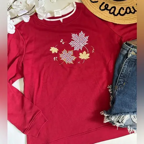 Vintage Adrian Delafield Fall Leaves Cottagecore Double Crewneck Sweatshirt Red Size L - Image 8