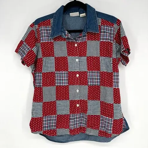 Vintage Quizz Cotton Plaid Quilted Patchwork Americana Red White Blue Star Large