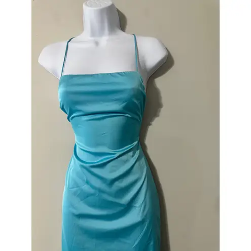 Meshki Baby Blue Satin Mini Dress Spaghetti Straps Backless Lace Up Size S