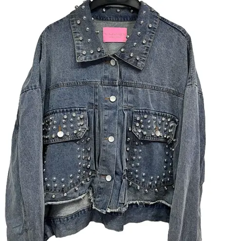 Azalea Wang PLAYER 48 Rhinestone Studded Distressed Denim Jacket 3X Bling HipHop Blue