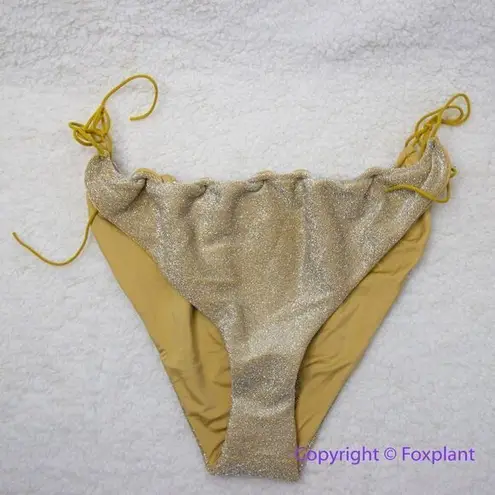 Free People NEW‎  It's Now Cool Gathered Tie Up Bikini Bottom Gold Lurex, size L