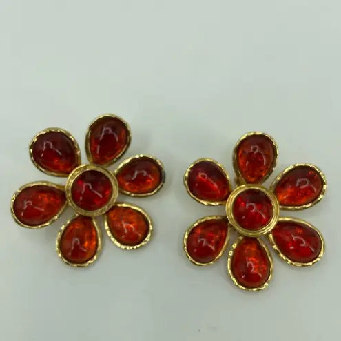 Les Bernard Gripoix Style Glass Cabochon Flower Statement Clip Earrings 1980’s Orange