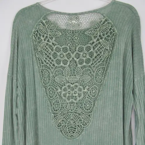 American Age Mint Green Boho Acid Wash Crochet/Lace Back Long Sleeve Top