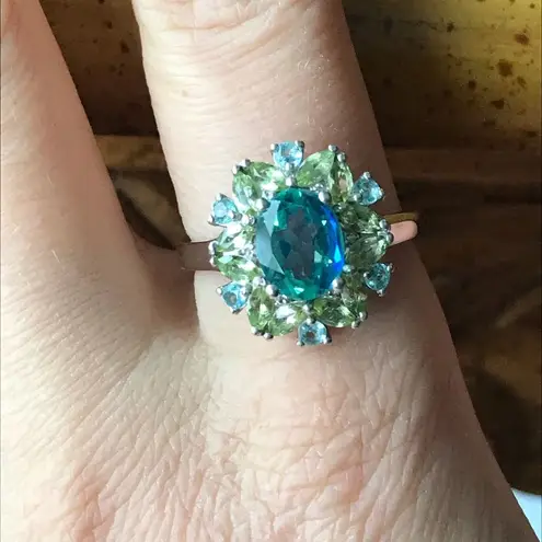 Peacock Quartz Peridot Sterling Silver Cocktail Ring Size 10 Blue