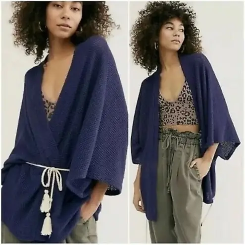Free People NWOT  Caravan waffle knit cardigan kimono OS blue belted oversized