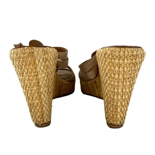 Sundance Beige Leather Open Toe Woven Wedge Heel Slides Size 38 Sandals Tan