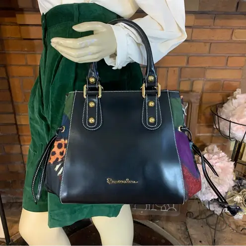 BRACCIALINI BLACK LEATHER SHOULDER BAG W/MULTI COLOR FABRIC SIDES