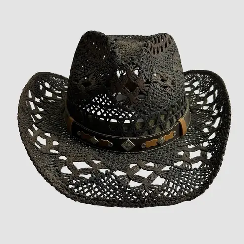 Tonpsom Woven Straw Cowboy Hat One Size Brown Western Leather Band