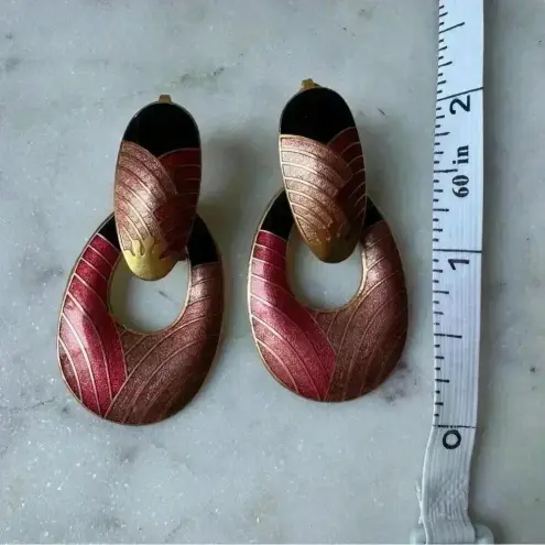 Vintage Dangle Long Pierced Black Red Gold Enamel Geometric‎ Print Earrings