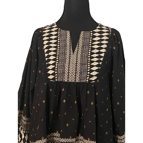 World Market Boho Peasant Tunic Top S/M Black Gold Geometric Print Long Sleeve Size M