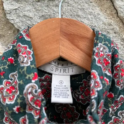 Cambridge Vintage Wool Blend High Neck Green Paisley Button Down Shirt