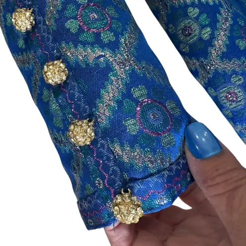 Oscar de la Renta 1960's 1970s Sapphire-Blue Metallic Silk-Brocade Gown Size 6/8