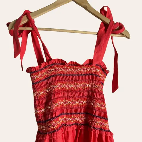 Cara Cara NYC Jenny Hibiscus Linen Smocked Tie Shoulder Midi Dress Size S