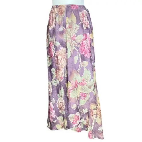 Vintage 90s Purple Floral Cottagecore Fairy Chiffon Ruffle Midi Skirt. Medium.