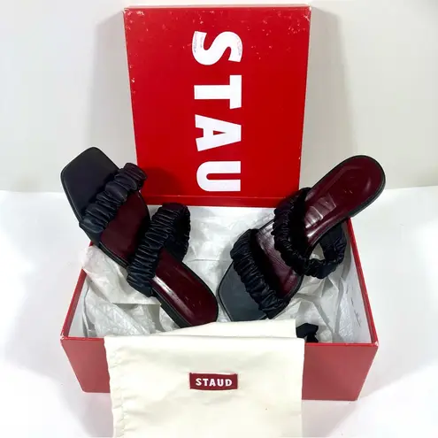 Staud Maya Ruched Slide Sandals Black EU 39 NEW Leather Double Strap Logo Size 8