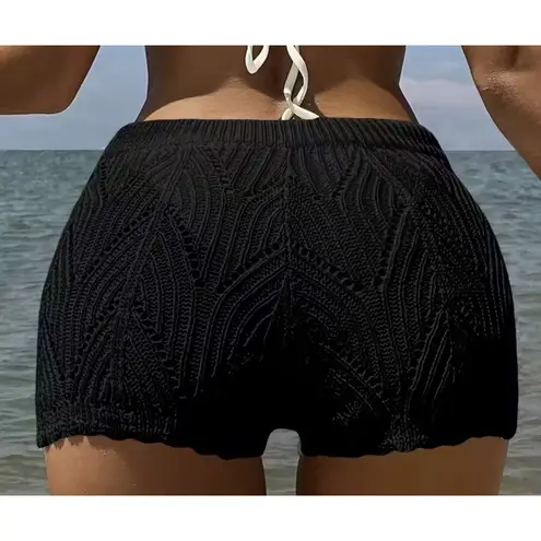 Black Crochet Knit Shorts Drawstring Waist Summer Beach Cover Up Women's Black Size L