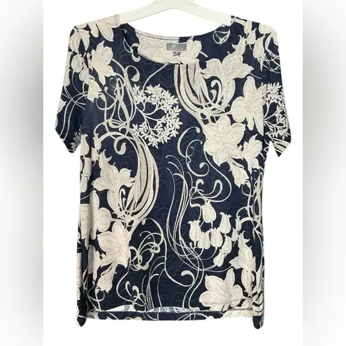 JM Collection  Navy and Cream Floral Short Sleeve Top