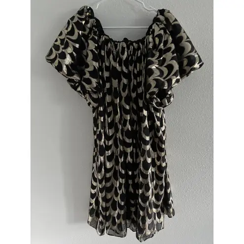 Delfi Mini Dress Women 1XL Black Gold Silk Off Shoulder NYE Party Cocktail Event Size 1X