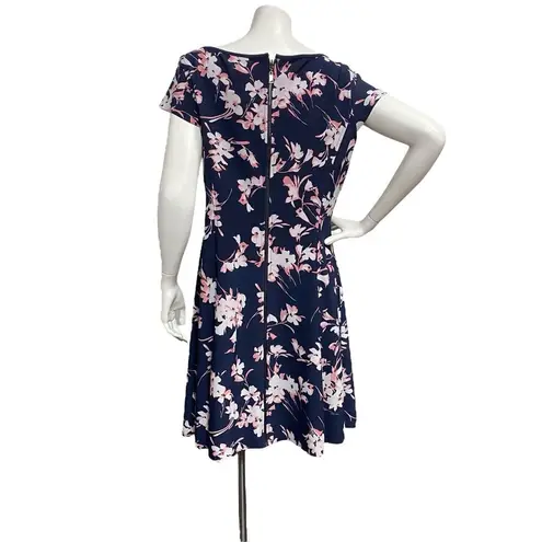 Tahari Women’s 12 Petite Dark Blue Pink Floral Print Knit Cocktail Skater Dress